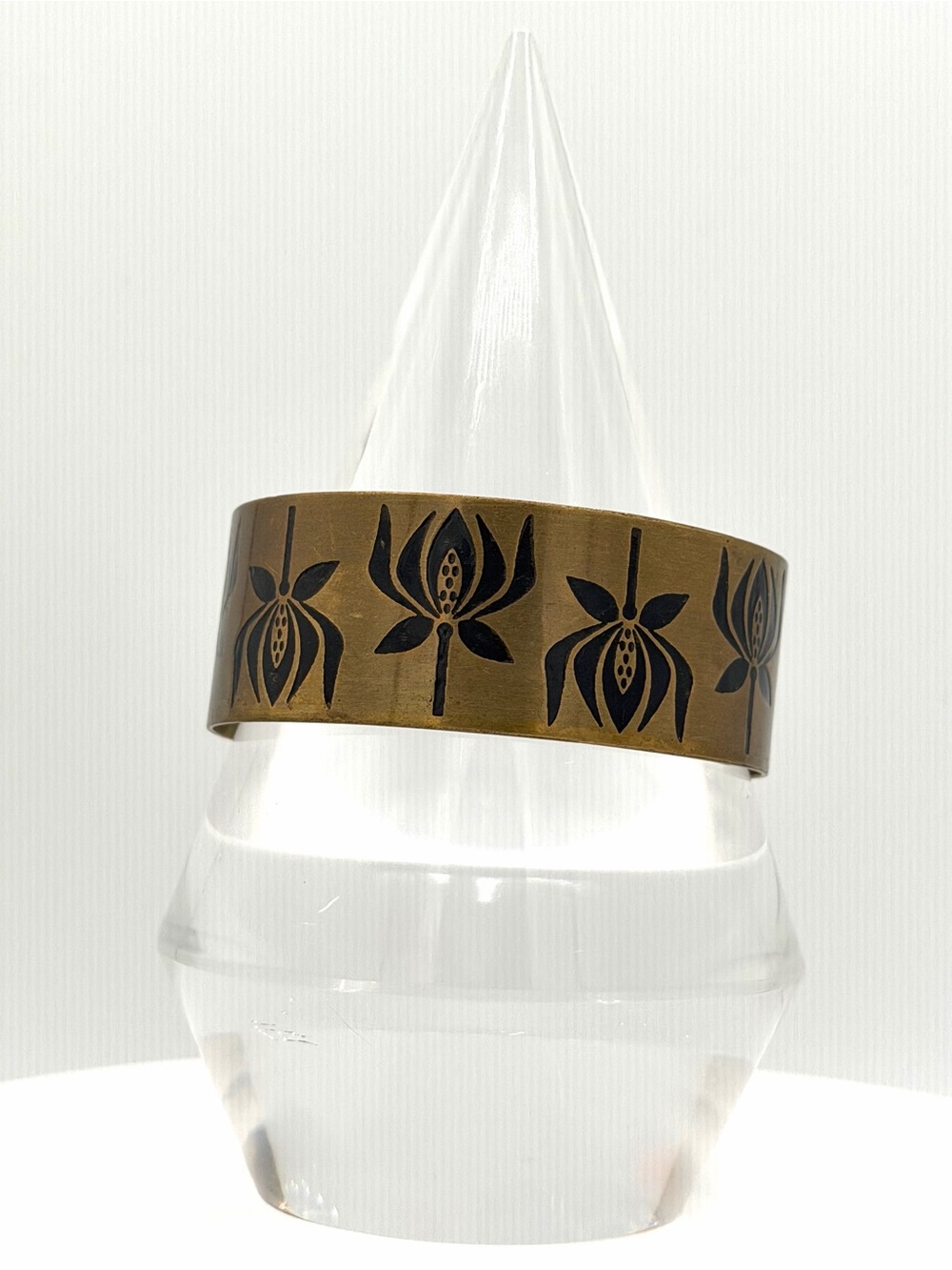 Brass Cuff Bracelet Etched Art Nouveau Lotus Flower Inlaid Black Jewelry India